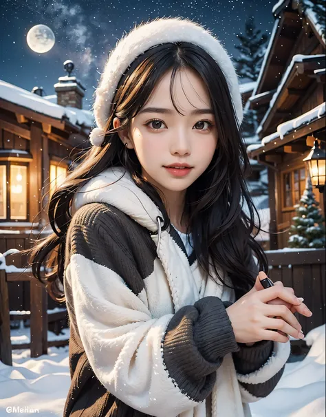 Winter scene、1 female、The snow continues to fall、i&#39;I&#39;m standing cold in front of his house.、A detailed face、detailed figure、8K、Pretty Woman、nighttime scene、Christmas Eve Night、Smiling、