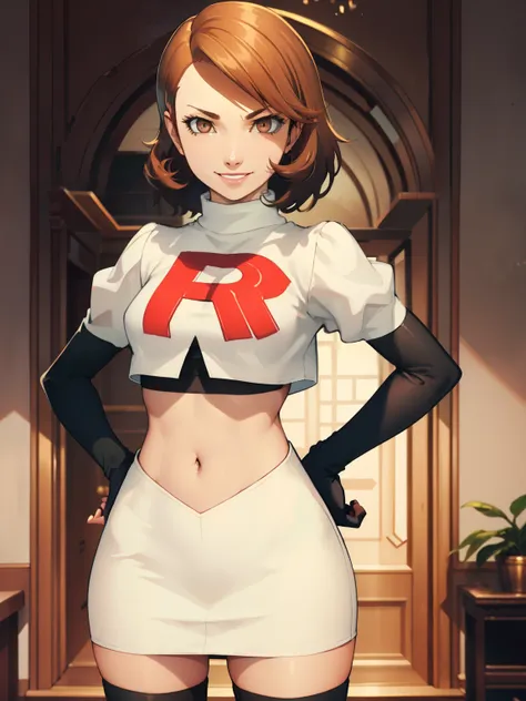 brown hair, short hair, glossy lips ,team rocket uniform, red letter r, white skirt,white crop top,black thigh-high boots, black...