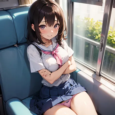 (((masutepiece, Highest Quality, Best Quality, 1girl in, Solo, Beautiful anime、Detailed picture)))、18year old、A slender、slightly larger breasts、skinny thigh、(dark brown hair、Longhaire、Brown-eyed、rounded eyes、Clear department、real  face、),On the train、sitti...