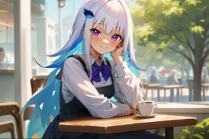 One girl with long hair, bangs, white hair, blue inner hair:1.25) , purple eyes, looking at viewer, blushing, little smile, outdoor, cafe, table, sitting, white shirt, bowtie, school girl, mid-chest, day atmosphere, hair ornament, medium breasts, upper bod...