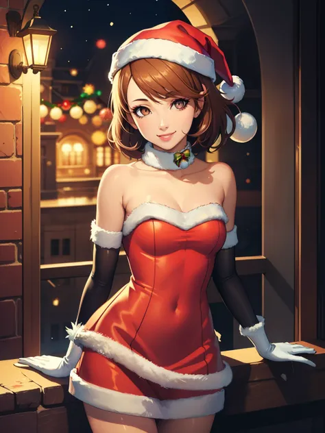 1girl, solo, masterpiece, best quality, high res, highly detailed, (illustration), beautiful detailed eyes, brown hair, short hair ,glossy lips, makeup, smile, long white satin elbow gloves, cowboy shot, (santa), red santa dress, santa hat, strapless dress