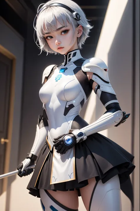 a 18 year old girl、Magic Taoist、cyborgs、White Cybersuit、short dull hair、bionde、beautiful countenance、Sateen、teto、​masterpiece、intricate-detail、perfect anatomia、combat pose、have a long cane