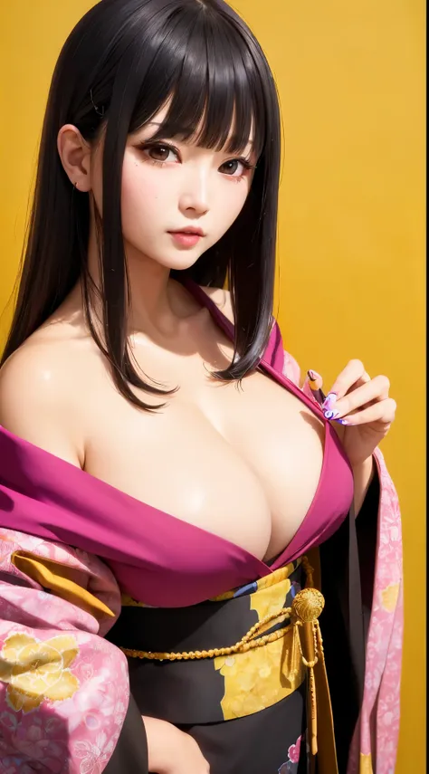 ((Best Quality)), ((masutepiece)), (Detailed), (highlight), Perfect face、Young girl with detailed face showing cleavage、Long, thick, glossy, beautiful black hair with blunt bangs、Single-color background、standing wearing a patterned kimono、