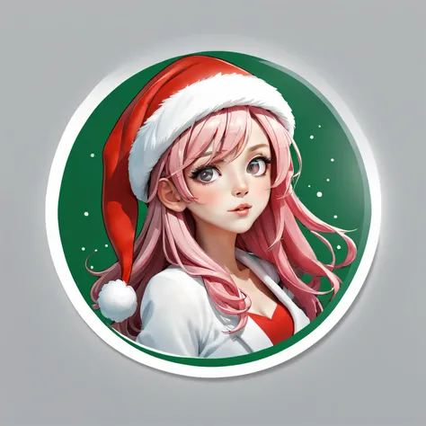 (One sticker,),(3D cartoon santa hat girl),bright colored hair,Slim, ellegance, There is also a touch of mystery.(In circles), (white backgrounid), (Christmas border)，, ultra - detailed, Detailed illustration, vectorized, 8K, 专业One sticker设计, Graphic desig...