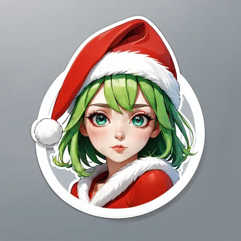 (One sticker,),(3D cartoon santa hat girl),bright colored hair,Slim, ellegance, There is also a touch of mystery.(In circles), (white backgrounid), (Christmas border)，, ultra - detailed, Detailed illustration, vectorized, 8K, 专业One sticker设计, Graphic desig...