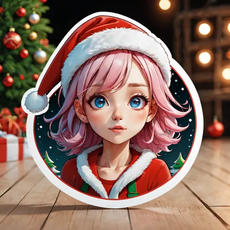 (One sticker,),(3D cartoon santa hat girl),bright colored hair,Slim, ellegance, There is also a touch of mystery.(in circle background), (Christmas border)，, ultra - detailed, Detailed illustration, vectorized, 8K, 专业One sticker设计, Graphic design, vector l...