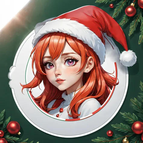 (One sticker,),(3D cartoon santa hat girl),bright colored hair,Slim, ellegance, There is also a touch of mystery.(In circles), (Christmas background), (white border frame)，, ultra - detailed, Detailed illustration, vectorized, 8K, 专业One sticker设计, Graphic ...