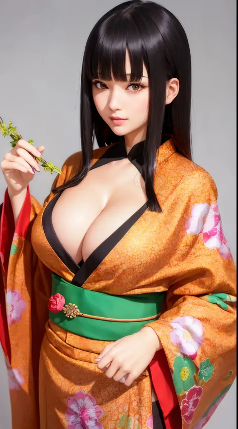 ((Best Quality)), ((masutepiece)), (Detailed), (highlight), Perfect face、Young girl with detailed face showing cleavage、Long, thick, glossy, beautiful black hair with blunt bangs、Single-color background、standing wearing a patterned kimono、