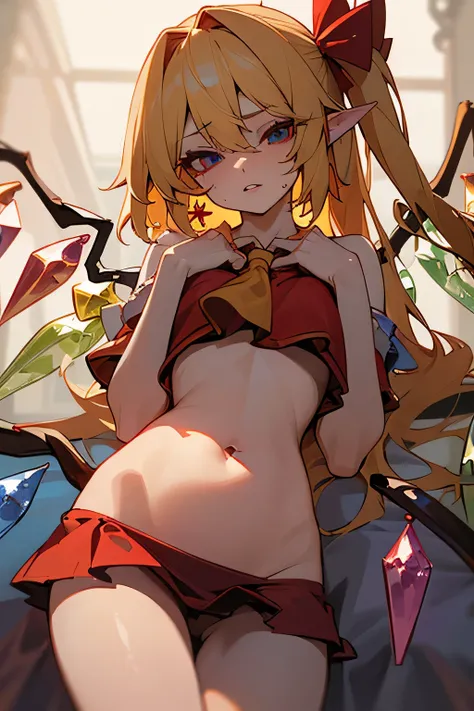 2heads, conjoined, 2girls, (2heads:1.5), (flandre scrarlet:1.4), masterpiece, best quality, red top, crop top, ((stomach)), midriff, ((groin)), blue skirt, normal ears, shackles, blonde hair, very long hair, wavy hair, sidelocks, blue eyes, parted lips, si...