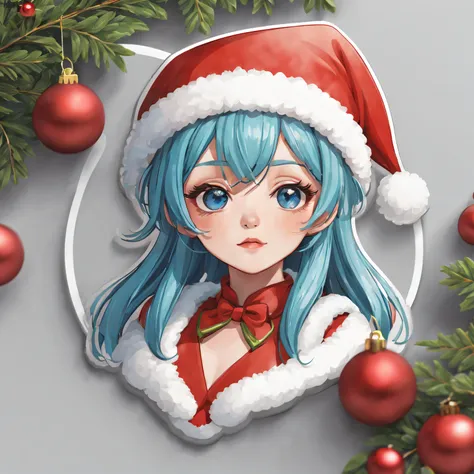 (One sticker,),(3D cartoon santa hat girl),bright colored hair,Slim, ellegance, There is also a touch of mystery.(on a circular background), (Christmas border)，, ultra - detailed, Detailed illustration, vectorized, 8K, 专业One sticker设计, Graphic design, vect...