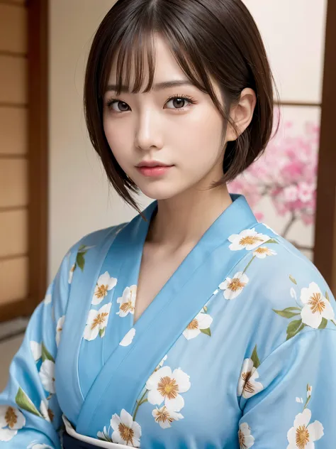 ((of the highest quality, 8K, masutepiece: 1.3, Raw photo)), Sharp Focus: 1.2, (1 AESPA Girl :1.1), Solo, (Realistic, Photorealistic: 1.37), (Face Focus: 1.1), Cute face, hyperdetailed face, (short messy hair: 1.2), Small Smile, Japanese theme, flower patt...