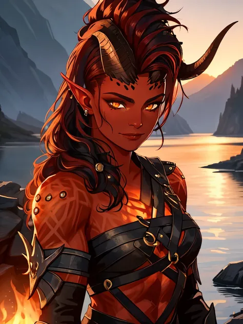 1female tiefling with red skin, looks like karlach from baldursgate, orange eyes,piercings on face, great  skin texture, great e...