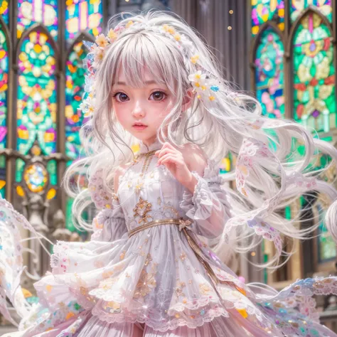 SFW, concept art, Tiny junior idol, Delicate lace knitted white clothes, (nipple:-0.9), (face closeup, (Dazzling stained glass Background)), (((Renbutsu Misako), colorful Light shines through delicate stained glass:1.2, vivid red colors, lense Particle, le...