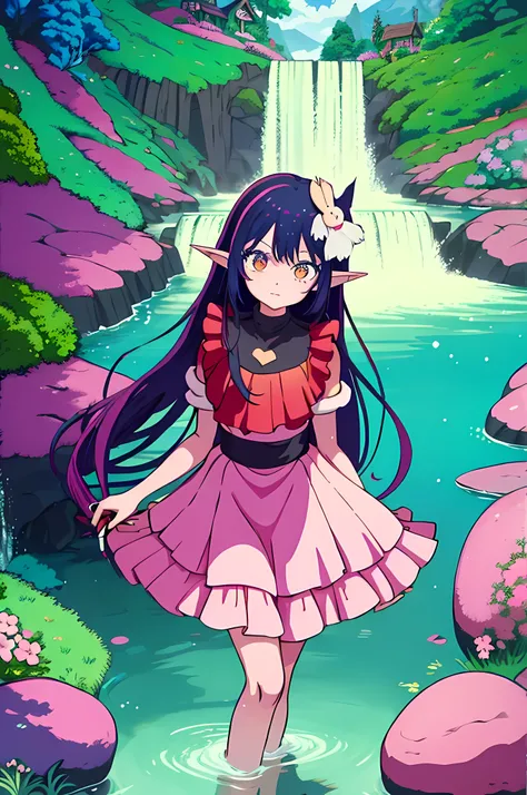 anime girl in a santa hat holding a paintbrush in front of a waterfall, official artwork, official art, anime style 4 k, colorful pigtail, 2 d anime style, a maid in a magical forest, high quality anime artstyle, elf girl, anime lush john 8k woods, anime! ...