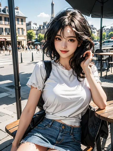 1 girl,(Black hair semi-long)(Beautiful hair), actress, Smile, Shiny skin, Best Quality, masutepiece, (Photorealistic:1.4), Terrace seating, ue, France, Paris, Denim Mini Skirt (Realistic fabric), short white sleeves (Cotton fabric), (No logo), Thin finger...