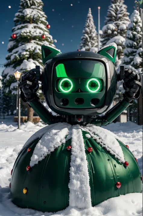 Petit robot mignon rigolo de couleurs vertes avec des yeux laser de couleur vert dans un univers futuriste pour Noël avec des sapins et de la neige