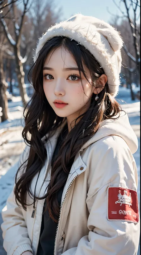 (((A woman standing in a winter landscape)))、A town where it snows in the evening、Red-faced playful eyes and face、An ultra-high picture quality、8K、Smart body、High Style、About 24 years old、Detailed eyes、Detailed skin、