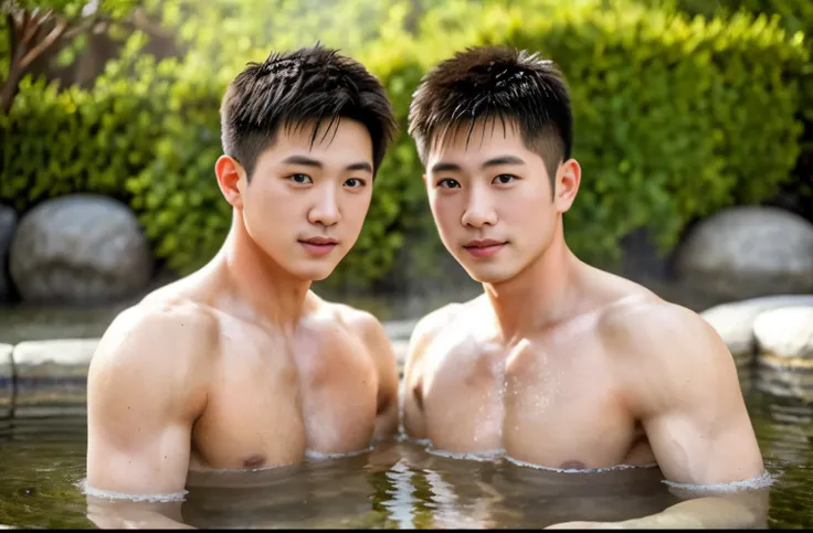 2boys, pissing　undressed, completely naked, muscular, hansome, outdoor,, bathing with steam, Hot springs，, Hot springs, Wearing sweat,  Look at the Viewer, depth offield, bokeh,  Detailed background, detailed lighting, diffused natural sunlight, diffused n...