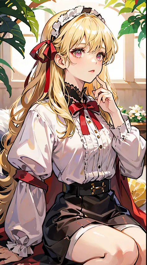 Lolita cute girl with blonde shiny hair and red shiny eyes