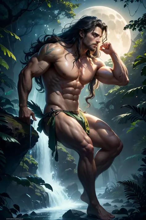 (best quality,4k,8k,highres,masterpiece:1.2),ultra-detailed,(realistic,photorealistic,photo-realistic:1.37),tarzan in moon,night scene,jungle,majestic scenery,magical atmosphere,moonlight shining,gorgeous moon shadow, lush greenery, dense forest, tall tree...