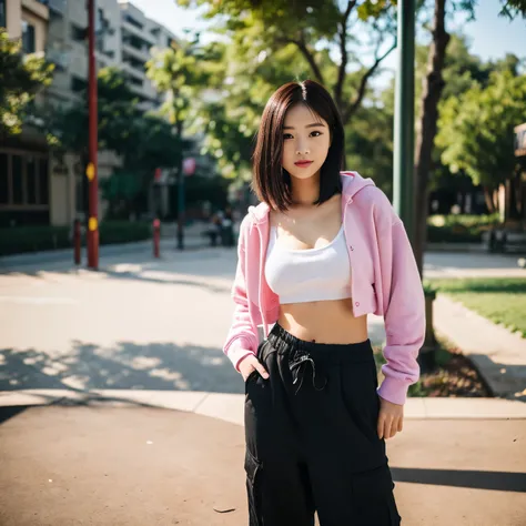 Professional, realistic, High level of detail, Full body photo of 18 years old woman, korean, Tight cargo pants, (soft pink supreme hoodie, white crop top t-shirt:1.3_MUST), (pink-of beanie:1.3(MUST)), (glossy black hair in blunt bob:1.3), full body, Stand...