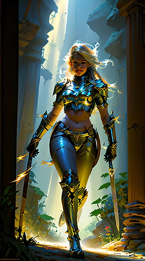 Radiant Quest: A painting of Ilias performing her quest around the bright light of lightning.