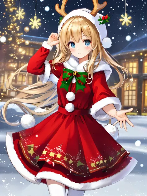 snowing, 1girl, christmas dress, having fun, masterpiece, best quality, high quality, reindeer costume