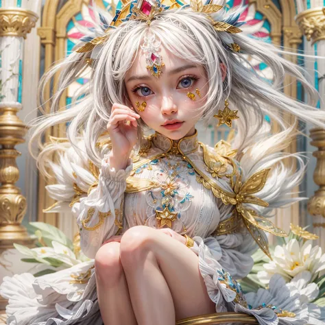 SFW, concept art, Tiny junior idol, Delicate lace knitted white clothes, (nipple:-0.9), face closeup, ((Dazzling stained glass Background)), (((Renbutsu Misako), colorful Light shines through stunning elaborate stained glass:1.2, vivid Red colors, lense Pa...