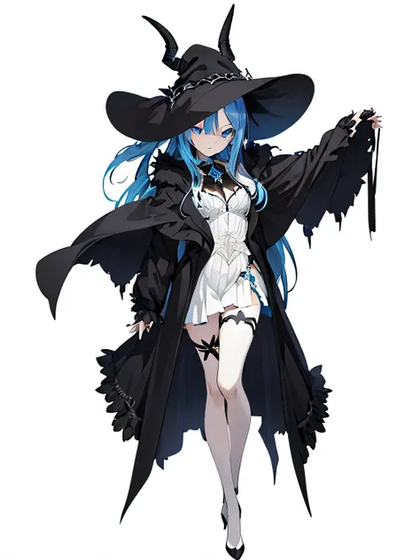 1 young and gorgeous girl, There is a pair of brownish-black horns on the head, light blue hair, light crystal blue eyes,beautiful eyes,fantasy, gothic, cute witch outfit,embarrassed,sblunt bangs,cinematuc lighting,,((full body))((white background)),((tran...