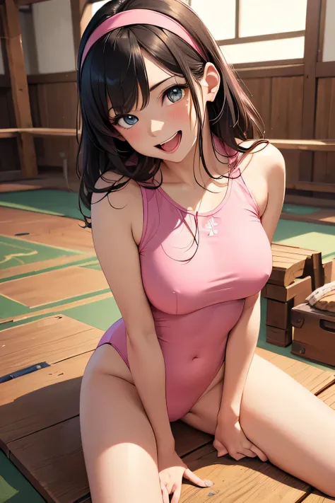 Very cute and beautiful girl,(very detailed beautiful face and eyes:1.2),(Pink leotard:1.2),(Sleeveless),(Laugh), Cowboy Shot,Sitting on a training mat in a wooden gym,(Spread legs),Black hair,Hair Band,Dynamic Angle,Cowboy Shot, (Best Quality,masutepiece:...