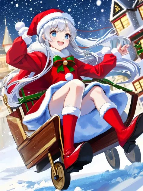 snowing, 1girl, christmas dress, having fun, masterpiece, best quality, high quality, santa giving presents in sled