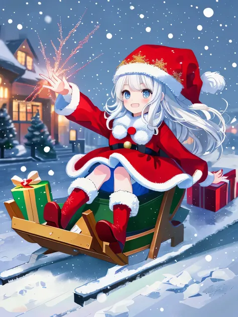 snowing, 1girl, having fun, masterpiece, best quality, high quality, santa giving presents in sled