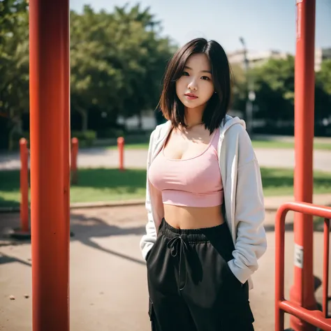 Professional, realistic, High level of detail, Full body photo of 18 years old woman, korean, Tight cargo pants, (soft pink supreme hoodie, white crop top t-shirt:1.3_MUST), (pink-of beanie:1.3(MUST)), (glossy black hair in blunt bob:1.3), full body, Stand...