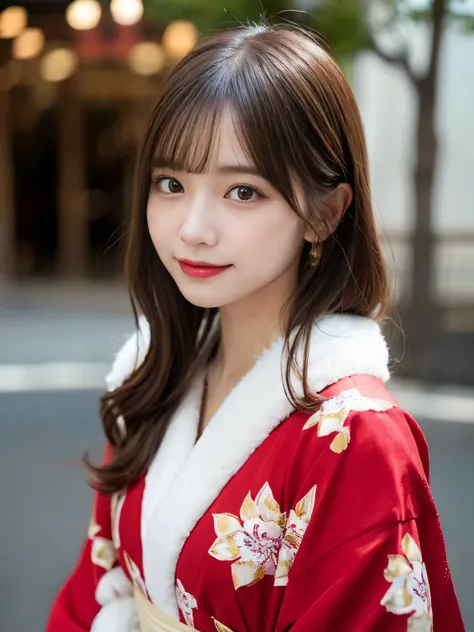 masutepiece, Best Quality, Illustration, Ultra-detailed, finely detail, hight resolution, 8K Wallpaper, Perfect dynamic composition, Beautiful detailed eyes, She wears a red kimono,Medium Hair,Natural Color Lip, Bold sexy poses,Smile,Harajuku、20 years girl...