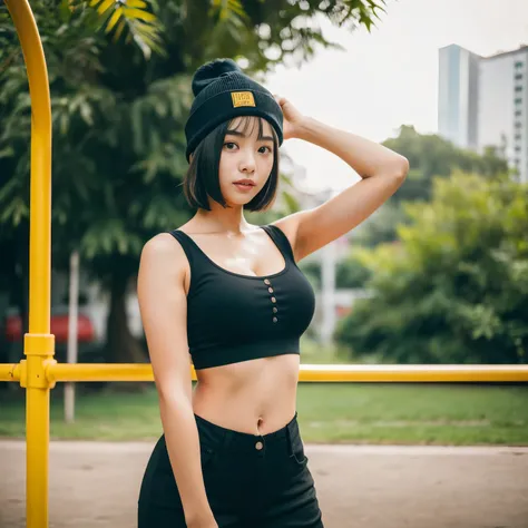 Professional, Angle camera shooting from below, realistic, High level of detail, Full body photo of 18 years old woman, korean, black Tight cargo pants, (yellow crop top t-shirt:1.3_MUST), (black-off beanie:1.3(MUST)), (glossy black hair in blunt bob:1.3),...