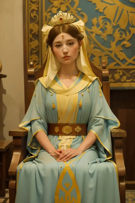 1141, Winchester, England. otherworldly scene in a medieval court, ((((Empress Maud of England)))) in her throne, ((((tunic gown from the 12th century)))), ((Hairstyle of the 12th century)), ((Wes Anderson cinematic style)), colorful