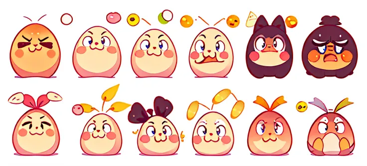 Close-up of a pile of different types of eggs, blobs动漫, kawaii smiley face, different expression, blobs, adorable expression, neutral expressions, cute faces, expressed, The soft but grumpy, cute character, r/Wow a lot, Wow a lot, 微Laughing expression, The...