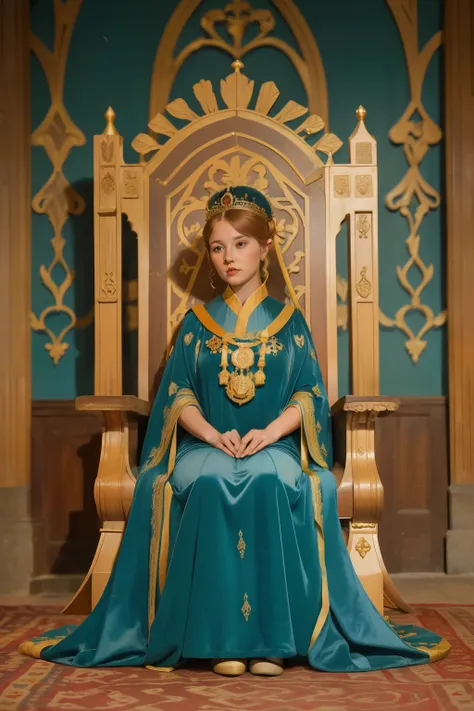 1141, Winchester, England. otherworldly scene in a medieval court, ((((38-year-old)) Empress Maud of England)))) in her throne, ((((gown from the 12th century)))), ((Hairstyle of the 12th century)), ((Wes Anderson cinematic style)), colorful