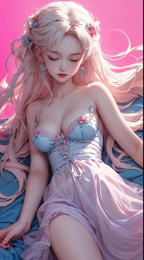 Light blue and red color scheme，pink nipple，little body，Petite，White curly hair, high detail, best quality, supper detail, pink pussy  ,  dark background, 5/6 body, hair over nipple, open legs, sleeping dress