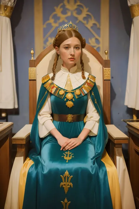 1141, Winchester, England. otherworldly scene in a medieval court, ((((38-year-old)) Empress Maud of England)))) in her throne, ((((gown from the 12th century)))), ((Hairstyle of the 12th century)), ((Wes Anderson cinematic style)), colorful