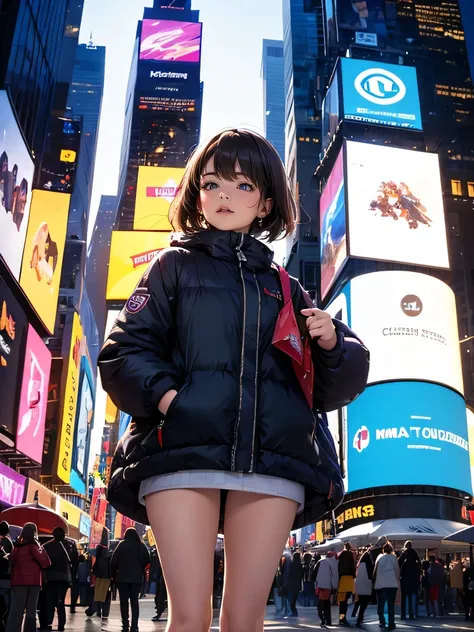 (((a woman is in front of the giant digital billboard at Times Square on Christmas day, that giant digital billboard is broadcasting her appearance live. steam vending from the road))), ((winter clothes with Christmas colors)), looking away, angle from bel...