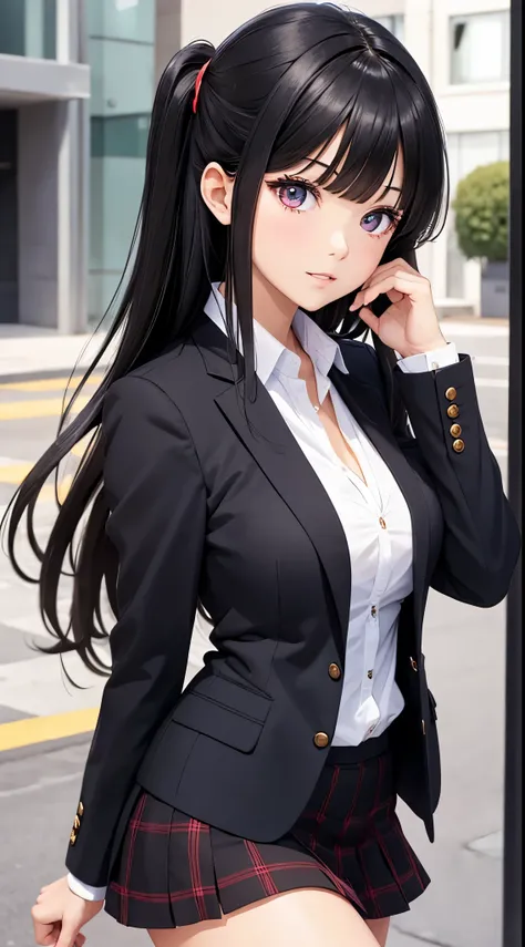 ((Best Quality)), ((masutepiece)), (Detailed), (highlight), Perfect face Young girl with detailed face showing cleavage、Red eyes and long, thick, glossy, beautiful black hair with blunt bangs、Single-color background、Standing wearing school uniform with bla...