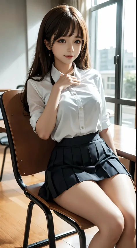 female high-school student，‎classroom，sitted，sit on chair，the eyes are peachy，a look of enjoyment，'s laughter，white color blouse...