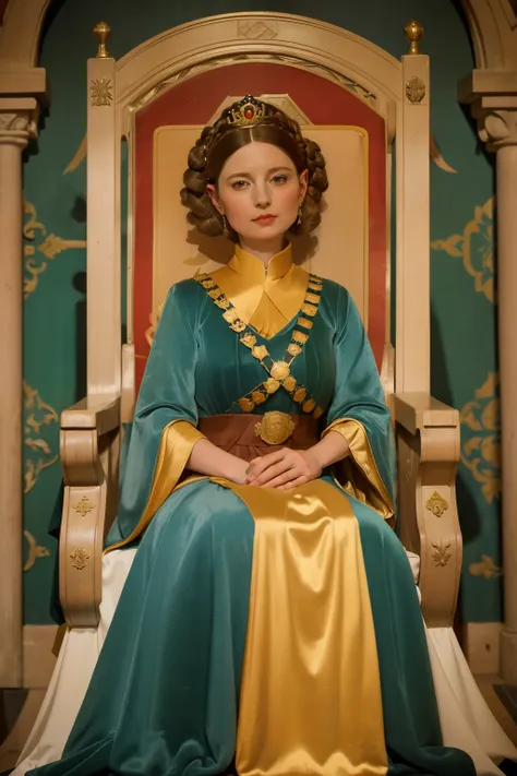 1141, Winchester, England. otherworldly scene in a medieval court, ((((38-year-old)) Empress Maud of England)))) in her throne, ((smug expression)), ((((gown from the 12th century)))), ((Hairstyle of the 12th century)), ((Wes Anderson cinematic style)), co...