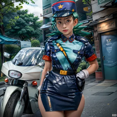 a girl, Officer Jenny((pokemon)), 1 girl, pokemon police officer uniform, wearing cap, green long hair, earing white gloves, photorealistic photo, perfectly lit environment, best shot, UHD, retina, ccurate, masterpiece, anatomically correct, textured skin,...