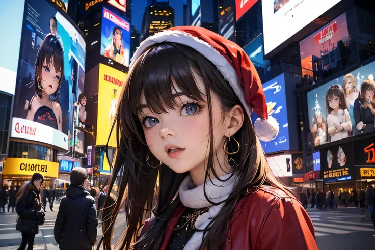 (((a woman is in front of the giant digital billboard at Times Square on Christmas day, that giant digital billboard is broadcasting her appearance live, steam vending from the road))), ((winter clothes with Christmas colors)), looking away, angle from bel...