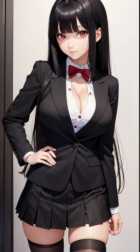 ((Best Quality)), ((masutepiece)), (Detailed), (highlight), Perfect face Young girl with detailed face showing cleavage、Red eyes and long, thick, glossy, beautiful black hair with blunt bangs、Single-color background、Standing wearing school uniform with bla...