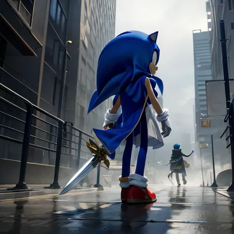 sonic。wearing a cloak。there is fog in the city。holds a sword。walking through an empty city。going around town with another friend...