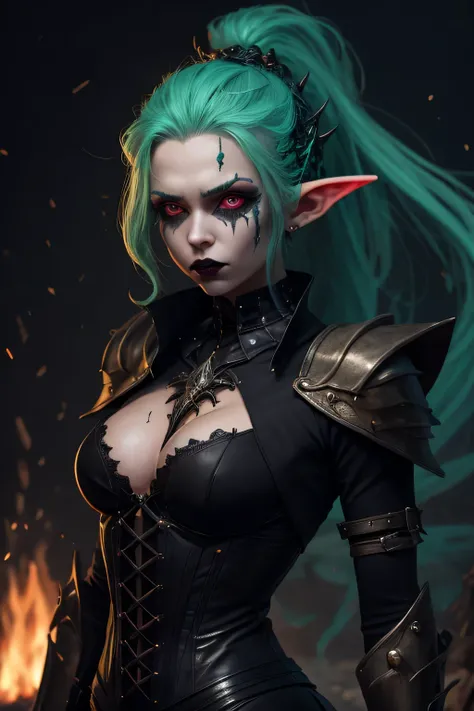 elf necromancer, aquamarine hair, Green glowing eyes. Very beautiful face. Behind her are the RED wings of a FIRE phoenix.............., mystical fire, the stars. Beautiful face of a young girl. Gothic Leather Necromancer Armor, black-green, Black pants, m...