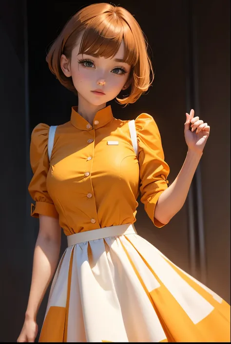 Cute, sexy, robot girl, white background, her hair cut in the front and tied with two ties in the back, wearing an orange dress combined with a skirt, and under the dress a yellow shirt, brown hair, robot